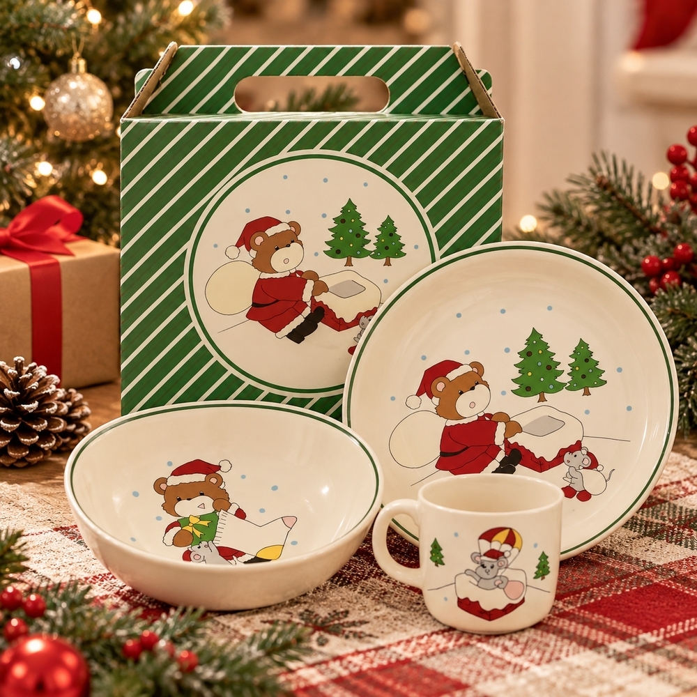Home Beautiful Down the Chimney Christmas Child Plate Bowl Mug Set NIB